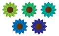 Five bright colourful flowers, sunflowers, isolated, vector illustration