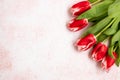 Five bright red tulips with a white carved border.