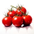 Five bright and ripe colored tomatoes with water dripping around them on a white background