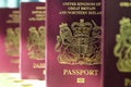 Five British United Kingdom European Union Biometric passports s Royalty Free Stock Photo