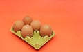 Five brown eggs instead of six in an open egg carton on orange background. Shrinkflation concept.