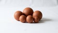 Five brown spheres of varying sizes arranged on a white surface Royalty Free Stock Photo