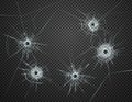 Five bullet holes in glass closeup realistic image against dark transparent background vector illustration. Royalty Free Stock Photo