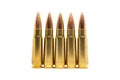 Five bullets isolated on white background. Cartridges 7.62 caliber for Kalashnikov assault rifle closeup