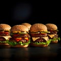 Five burgers, cheeseburgers, chicken burgers, burgers with lettuce, cheese, bacon, pickle, tomato, sauce, onions. Dark background