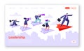 . Five business people flying on paper planes. Concept of landing page