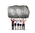 Five business people lifting teamwork word