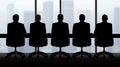 Five Businessmen in Suits Silhouetted at a Conference Table Overlooking a City Royalty Free Stock Photo