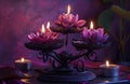 five candle stand on a purple background with lotus flower and a lotus ring Royalty Free Stock Photo