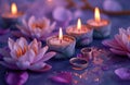 five candle stand on a purple background with lotus flower and a lotus ring Royalty Free Stock Photo