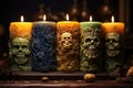 Five candles with skulls and other decorations, AI