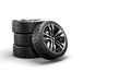 Five car wheels on a white background. 3D rendering illustration. Royalty Free Stock Photo