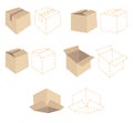 Five cardboard boxes. Five dotted line schemes of boxes