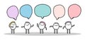 Five cartoon man talking speech bubbles pastel colors hand drawn vector illustration