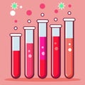 Five cartoon test tubes with red liquid and bubbles Royalty Free Stock Photo