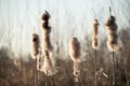 Five cattail plants at the edge of the river,Soft afternoon light. Common typha plants.