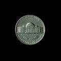 Five Cents Jefferson Nickel isolated on the black background