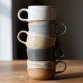 Five ceramic cups are stacked in a tower on a wooden surface. Each cup features a distinct color Royalty Free Stock Photo