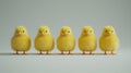 Five Chicks in a Row: A charming and heartwarming image of five fluffy yellow chicks, standing in a perfectly aligned row, Royalty Free Stock Photo