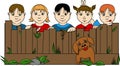 Children behind the fence with dog and grass