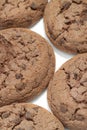 Five chocolate cookies with little choco crisps with white background