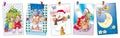 Five Christmas cards hanging with clothespins moose, santa claus, sleigh and moon