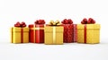 Five christmas gift boxes on white background