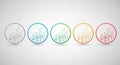 Five circular elements showing abstract data visualizations progress bars and charts white background Royalty Free Stock Photo