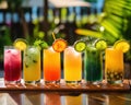 five cocktl glasses and fresh tropical juice drinks.