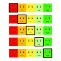 Five Color Faces Feedback/Mood. Set five faces scale - smile neutral sad - isolated vector illustration. Rank or level of satisfac