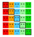 Five Color Faces Feedback/Mood. Set five faces scale - smile neutral sad - isolated vector illustration. Rank or level of satisfac