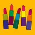 Five colored tubes of lipstick set. Pop art image.
