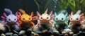 Five colorful axolotls perched on river stones in a freshwater aquarium environment Royalty Free Stock Photo