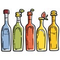 Five colorful bottles handdrawn style, topped different plant elements. Assorted colorful glass