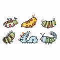 Five colorful cartoon caterpillars variety patterns dots stripes. Cute insect characters kids