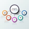 Five colorful circles connected with central round element. 5 features or options of business process concept. Realistic