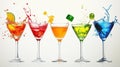 Five Colorful Cocktails with Splashes Royalty Free Stock Photo
