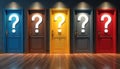 Five colorful doors marked with question marks in empty room interior. Hyper-realistic scene represents concept of decision Royalty Free Stock Photo