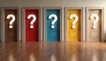 Five colorful doors with question marks above. Concept of choice opportunity future career path mystery options correct wrong Royalty Free Stock Photo