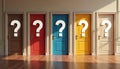 Five colorful doors with question marks symbolize choice, opportunity. Finding right solution for future career path, decision, Royalty Free Stock Photo