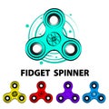 Five colorful fidget spinners and text info. Fidget spinner hand