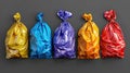 Five colorful garbage bags lined up against a gray background