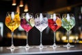 Five colorful gin tonic cocktails in wine glasses on bar Royalty Free Stock Photo