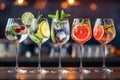 Five colorful gin tonic cocktails in wine glasses on bar counter in pup or restaurant. Royalty Free Stock Photo