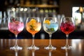 Five colorful gin tonic cocktails in wine glasses on bar Royalty Free Stock Photo