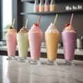 Colorful milkshakes on the counter