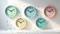 Five colorful oval wall clocks in pastel shades arranged on a white wall with confetti Royalty Free Stock Photo