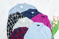 Five colorful shirts, assortment. Fashion Concept