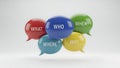 Five colorful speech bubbles with question words on a white background what where Royalty Free Stock Photo