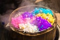 Five-coloured rice in bamboo steamer Royalty Free Stock Photo